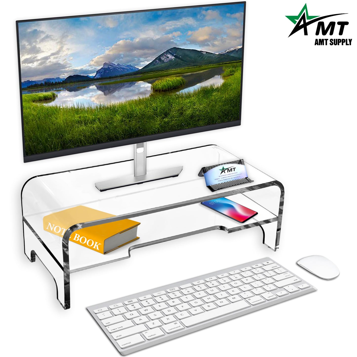 AMT Clear Acrylic Monitor Stand Riser 2 Tier, 5.5 Inches High Clear Computer Desk Organizer Shelf