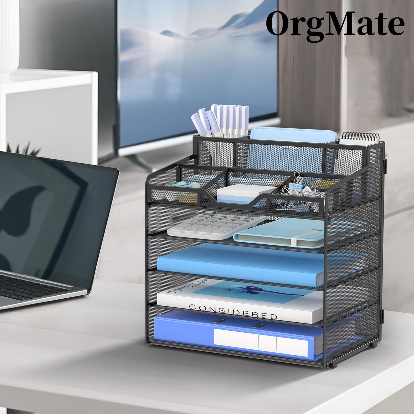 OrgMate 5 Tier Mesh Paper Desk Organizer with Pen Holders, Black