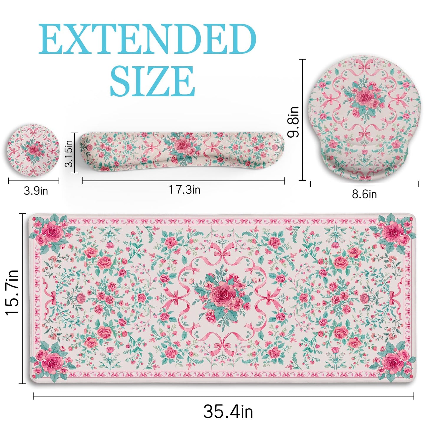 LIMKRIAN Pink Floral Desk Mat, Ergonomic Mouse Pad Set with Wrist Rest