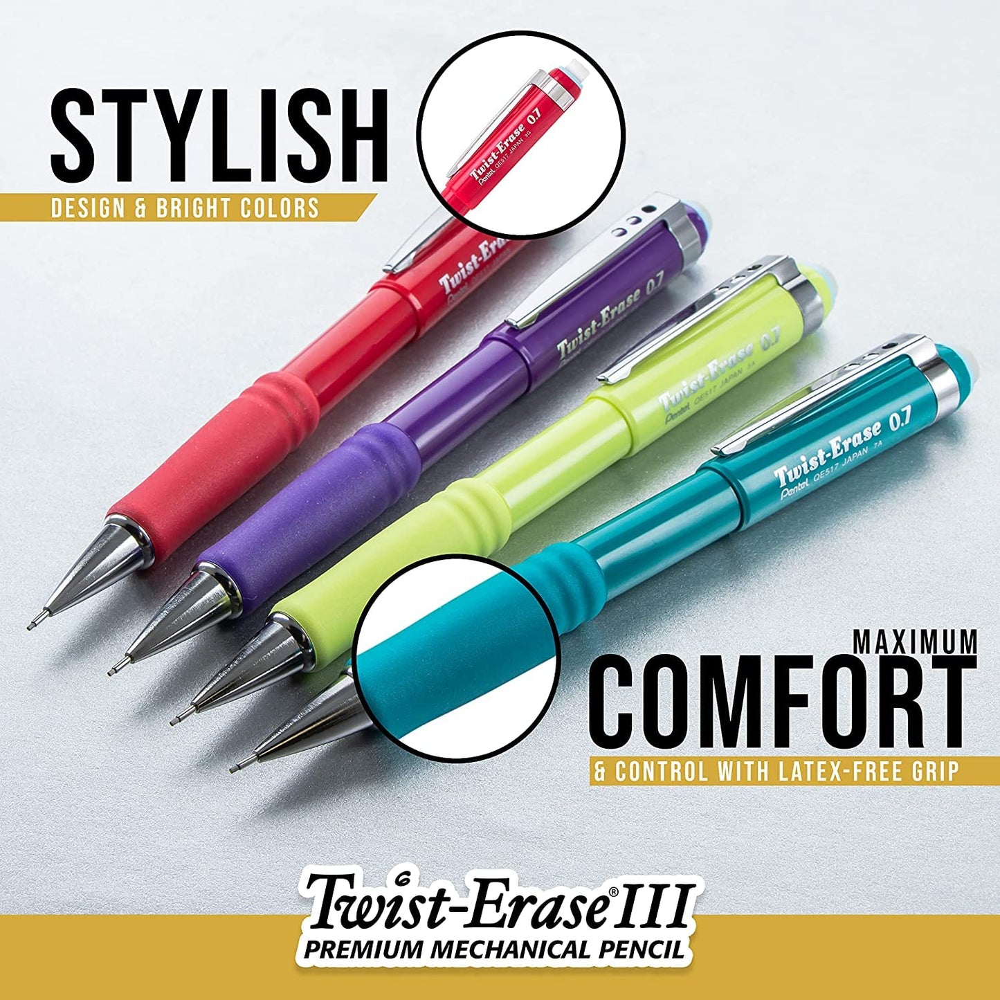 Pentel Twist Erase III Mechanical Pencil, 0.5mm, Black Barrel, Pack of 3