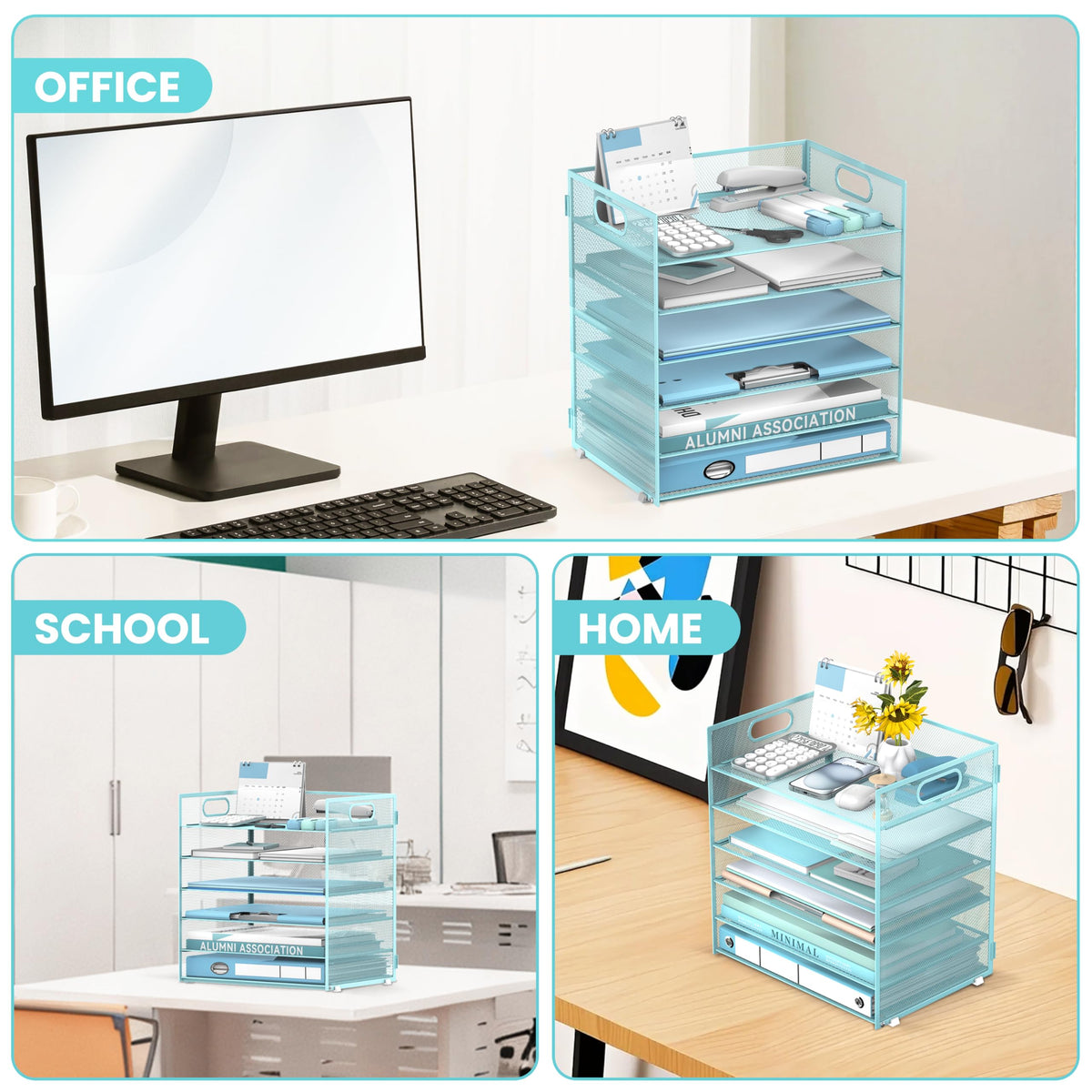 Daltack 6-Tier Paper Organizer for Desk with Handle, Blue