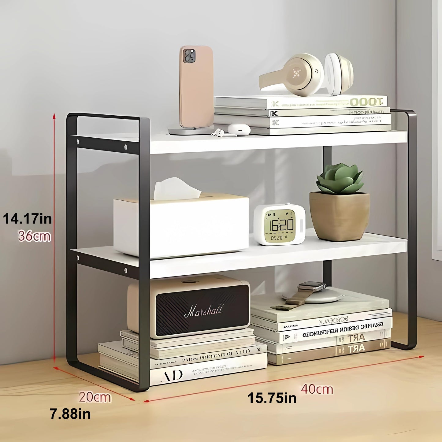 Hbluefat Desktop Organizer Shelf, 2-Tier Multipurpose Tabletop Storage Bookshelf, Small Wooden