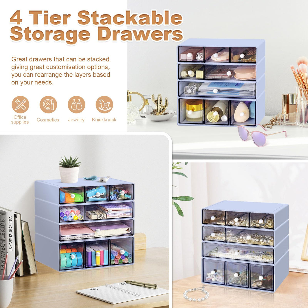 MYKASEN Desk Organizer with 9 Drawers, 4 Tier Plastic Stackable Storage Drawers for Desk Storage