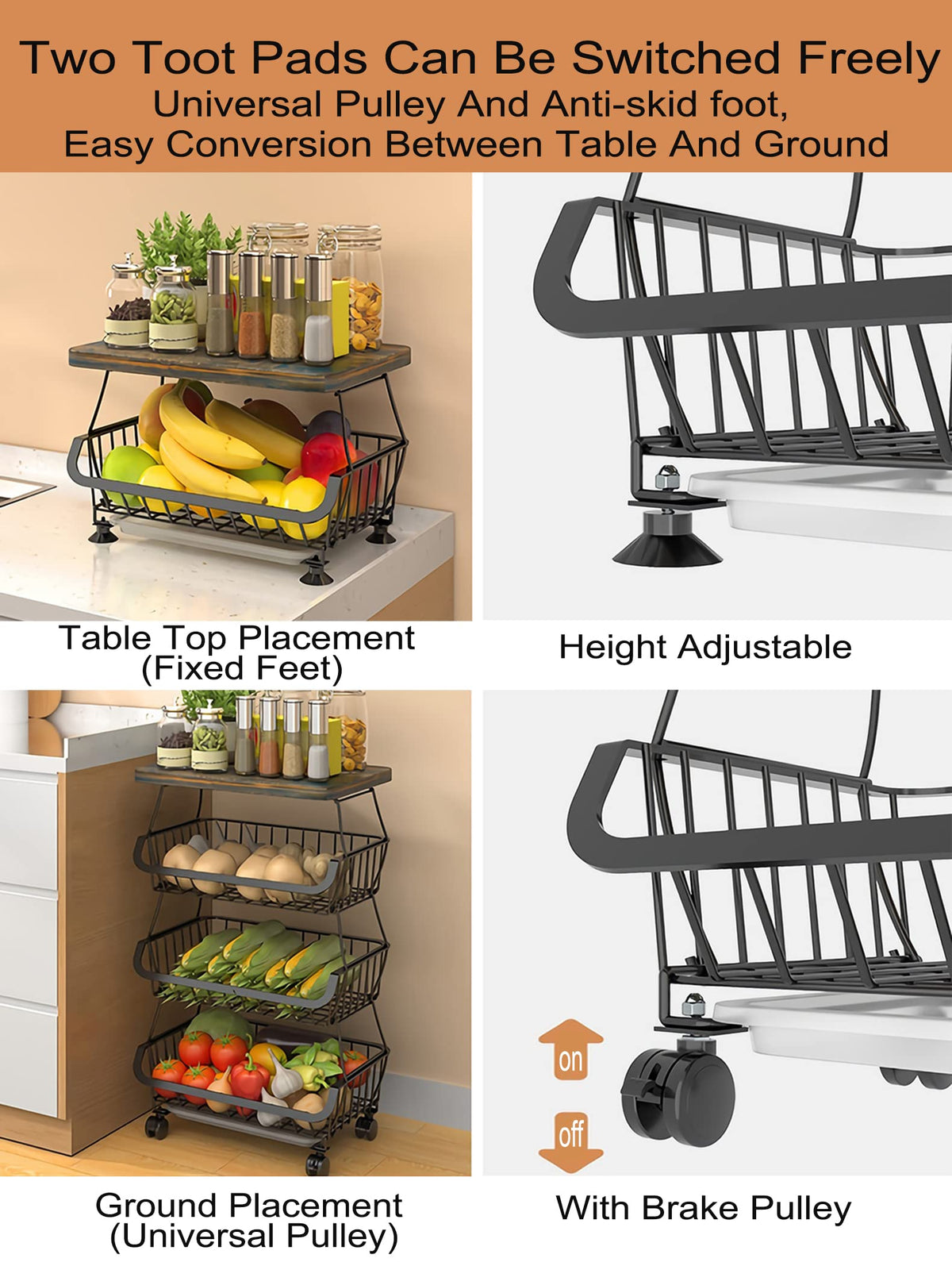MURRI&MURRDI Fruit Vegetable Storage Basket with Wooden Lid, 6 Tier Stackable Wire Kitchen Cart