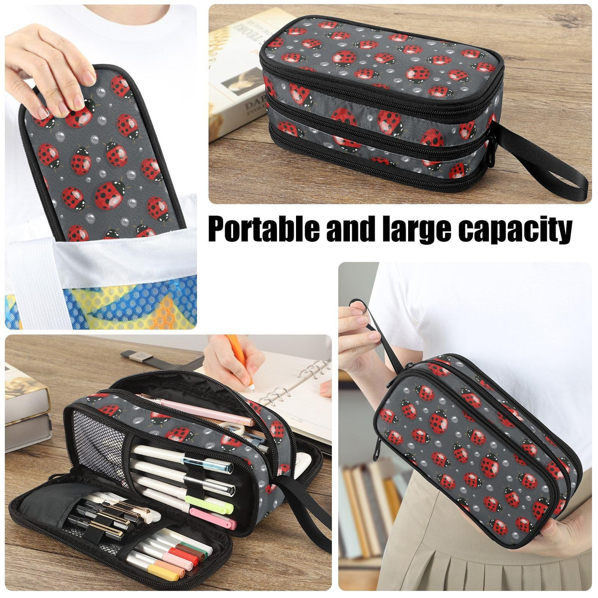 Fustylead Red Ladybugs Large Pencil Case, Minimalist Portable Stationery Bag Cosmetics Bag with