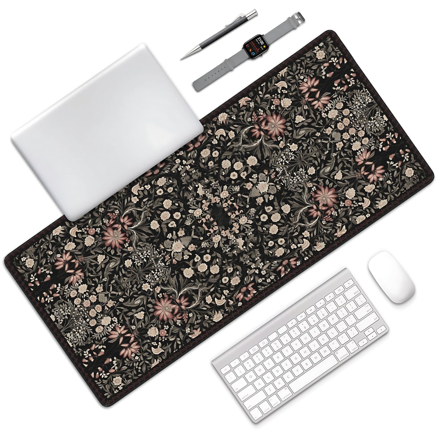 Floral Aesthetic Wildflower Gaming Mouse Pad, Black Rug Desk Mat with Anti-Slip Base & Stitched