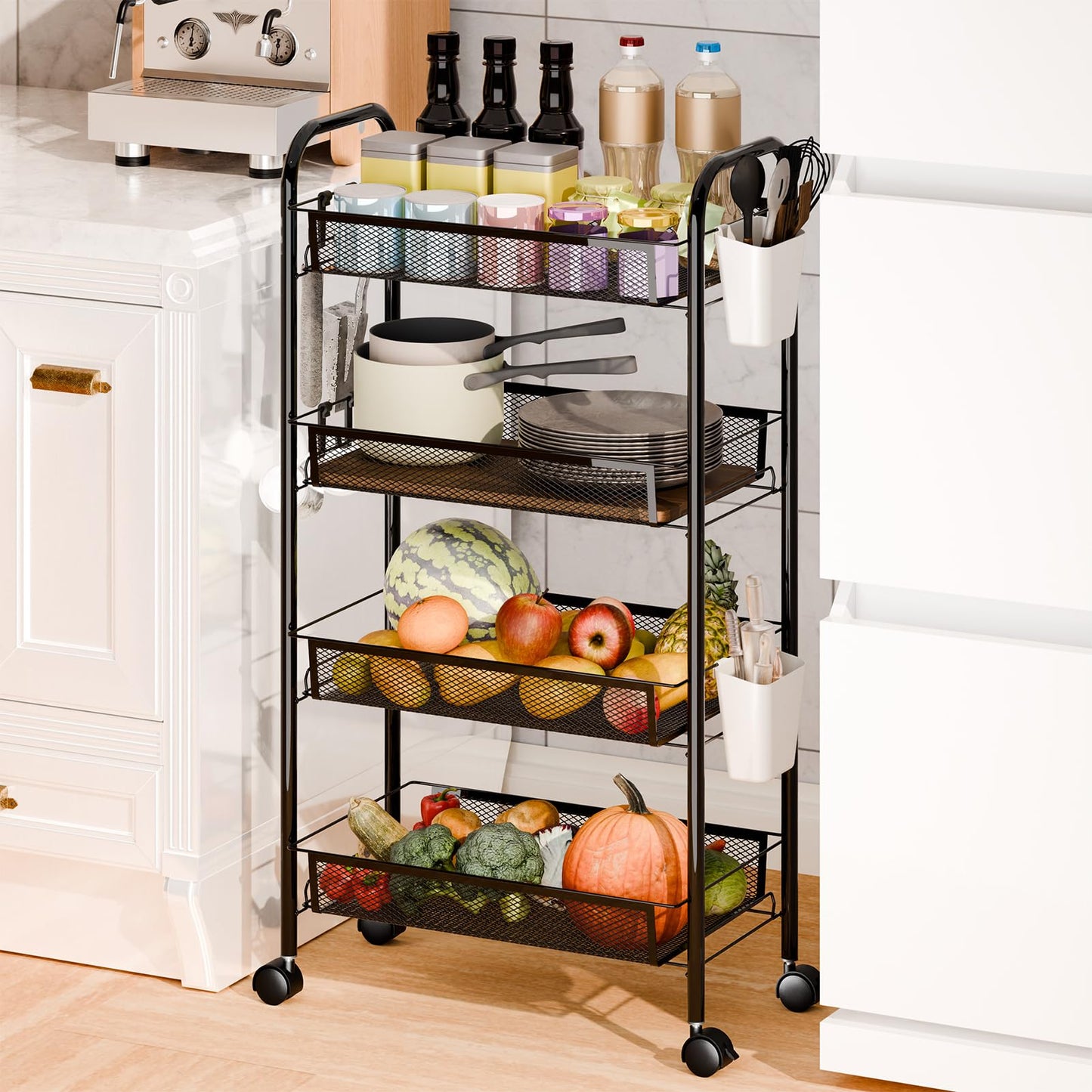 sxvbdway Snack Cart with Wheels Fruit Vegetable Basket Storage Cart 4 Tier Stackable Metal Basket