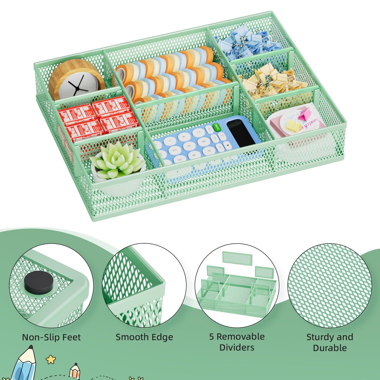 Marbrasse 2 Pack Desk Drawer Organizer, Mesh Drawer Organizer Tray with 8 Adjustable Compartments