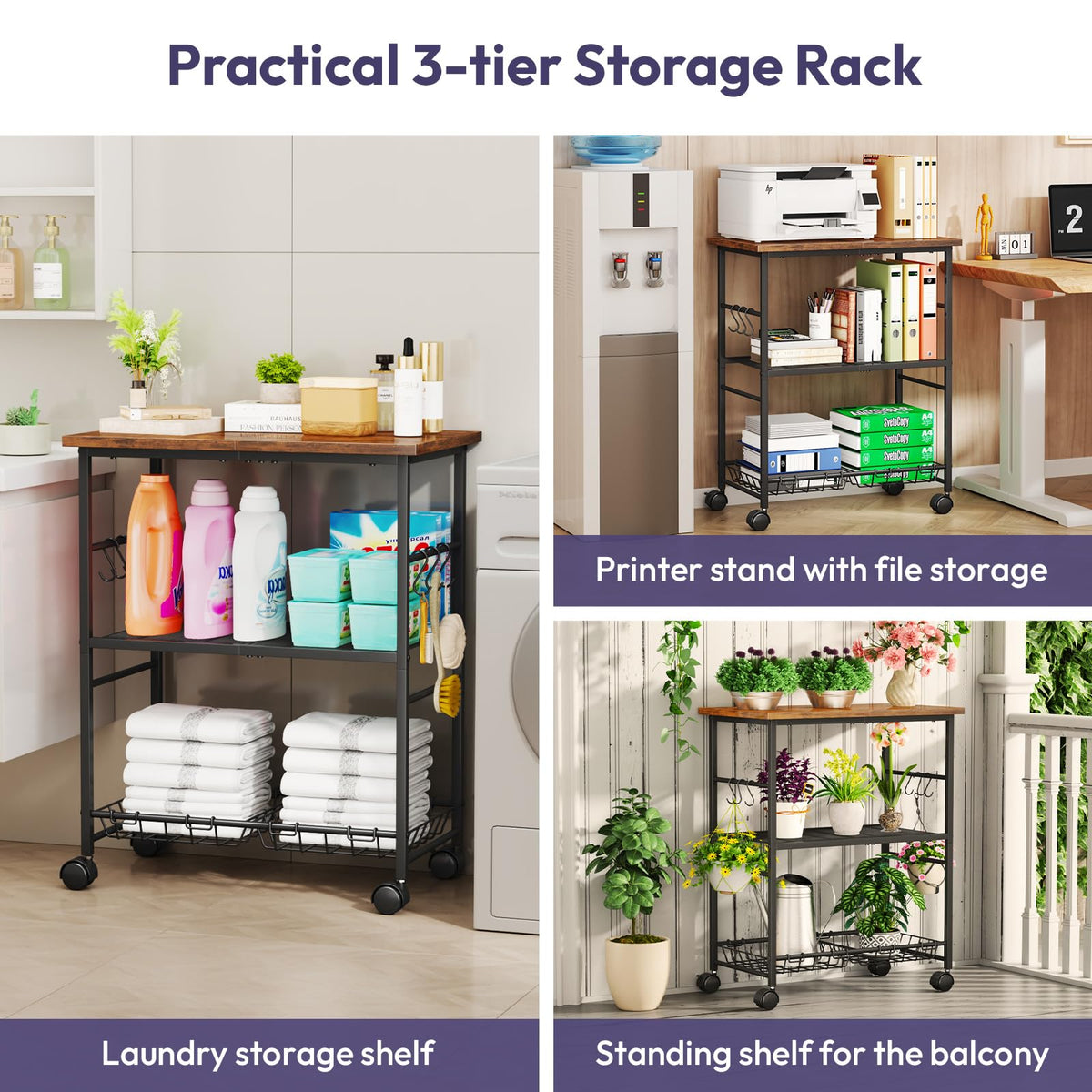 SWTYMIKI Rolling Kitchen Microwave Cart - 3 Tier Microwave Table Stand with Storage Basket and