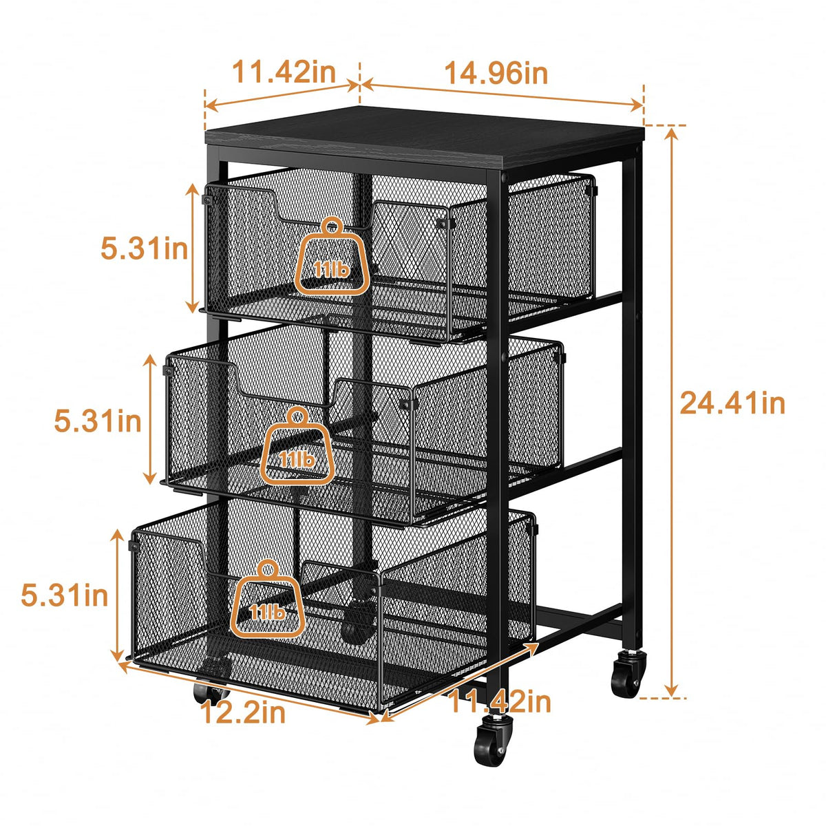 Pantry Organizer and Storage Cart, 3-Tier Kitchen Storage Cart with Drawer, Fruit Vegetable Storage