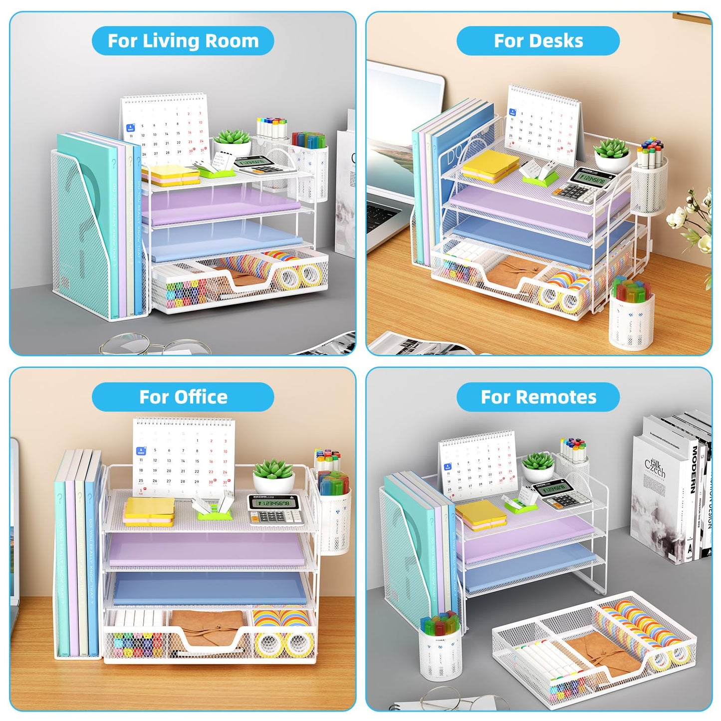 Marbrasse 4-Tier Paper Tray Organizer with Drawer and Pen Holder, White