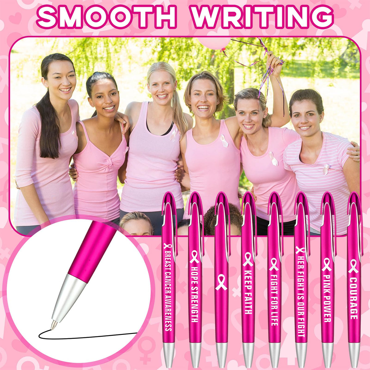 Lincia 100 Pcs Breast Cancer Awareness Ballpoint Pens Bulk, black Ink