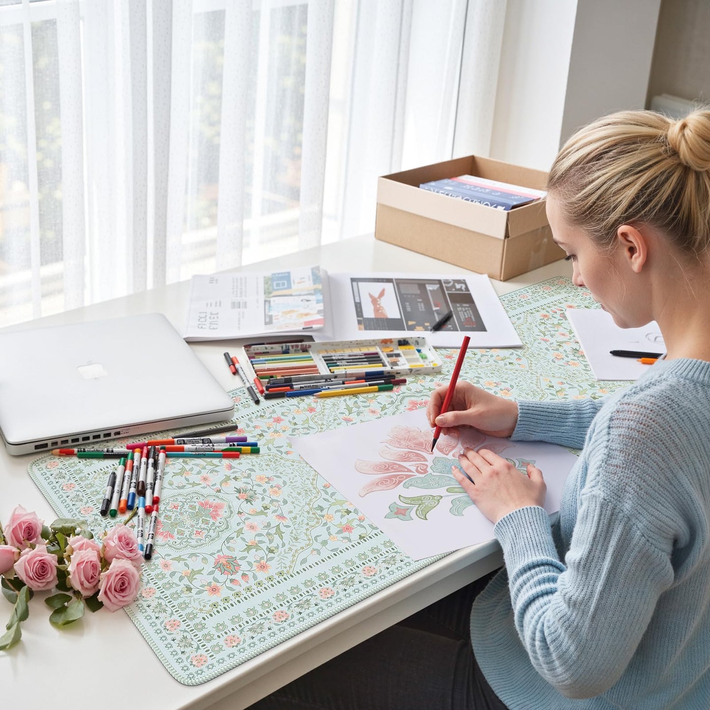 HAOCOO Light Green Floral Desk Pad, 35.4" x 15.7" Mousepad for Home Decor