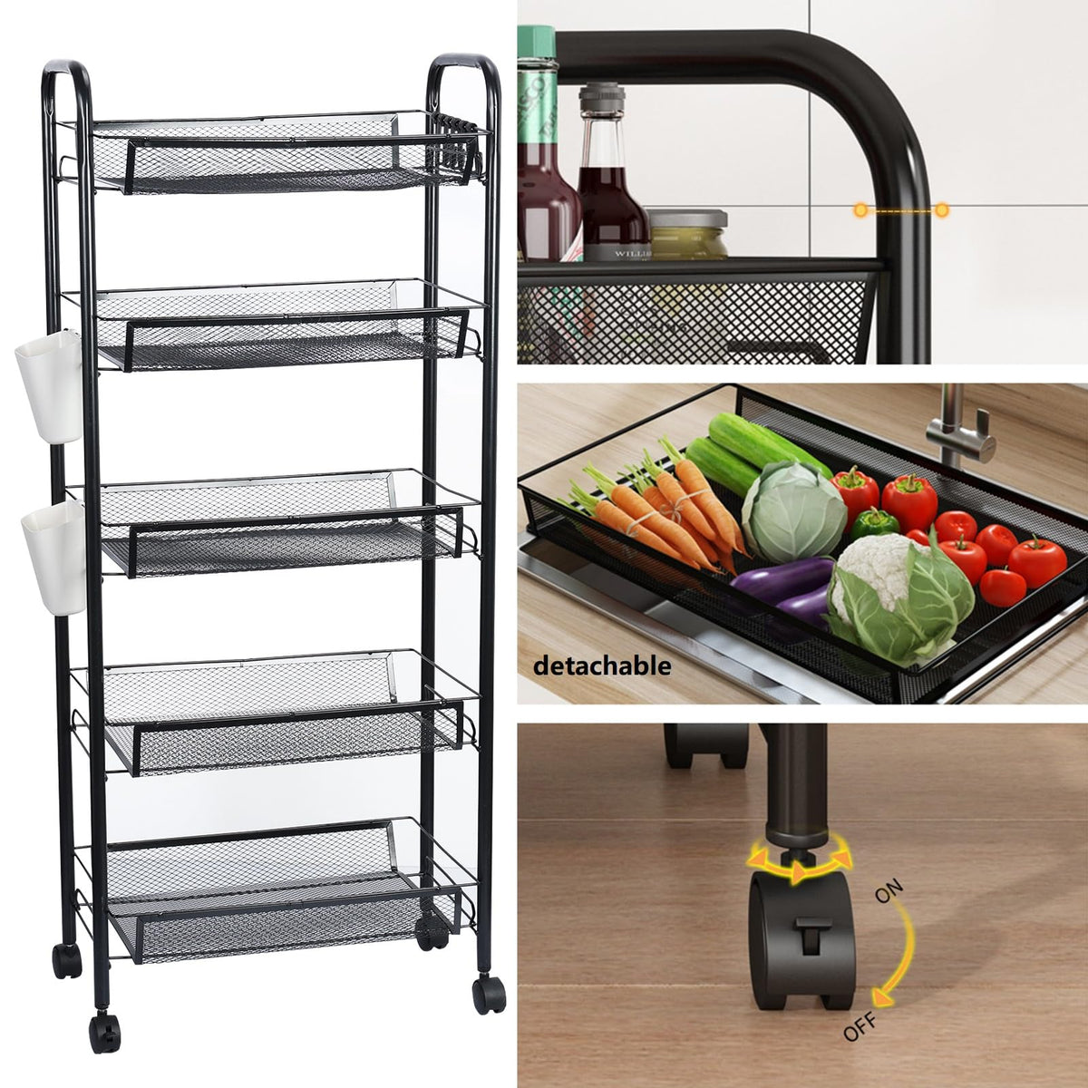 sxvbdway Fruit Vegetable Basket Storage Cart 5 Tier Snack Cart Stackable Metal Mesh Vegetable