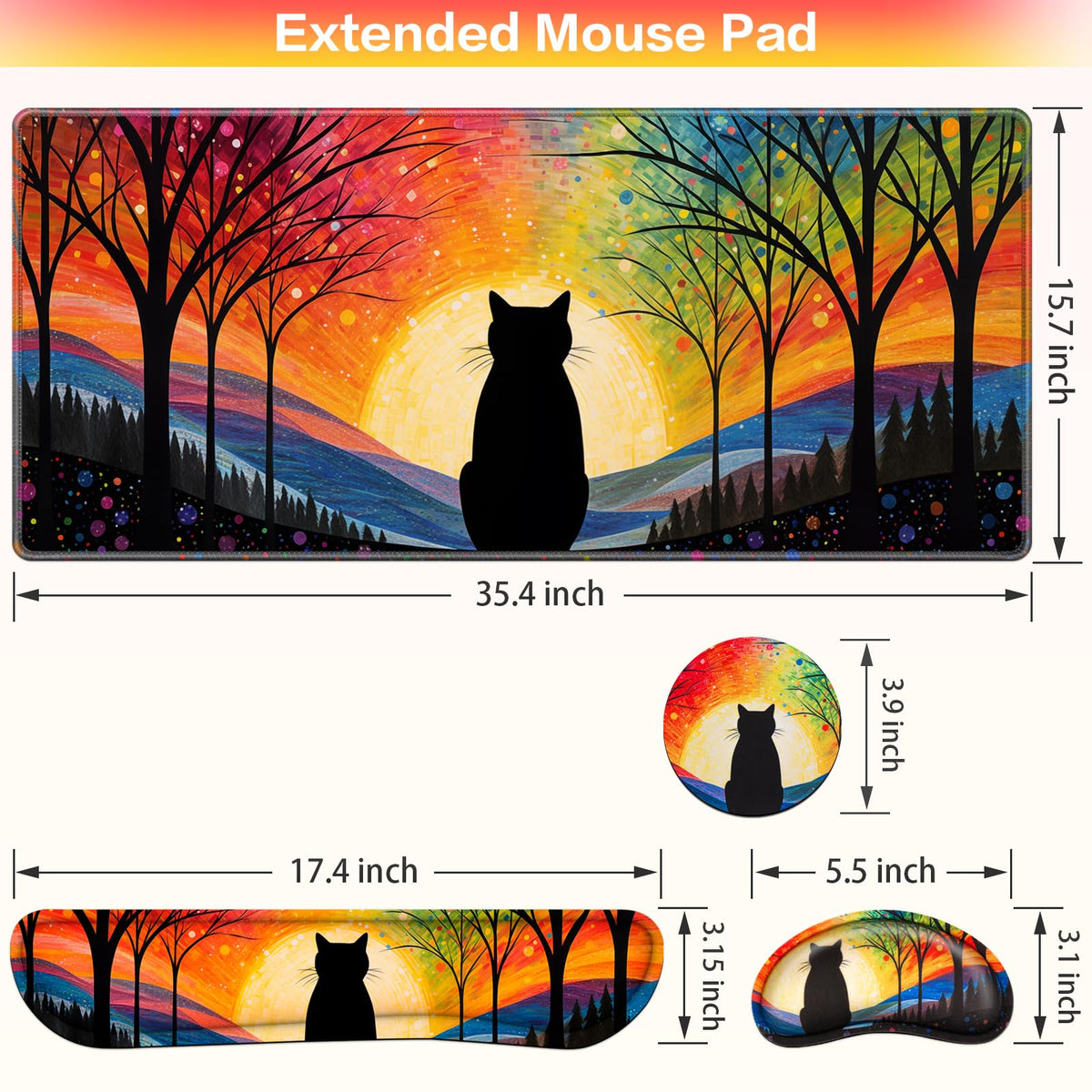 Mouse Pad with Wrist Rest Black Cat, 4-in-1 Large Mousepad Keyboard