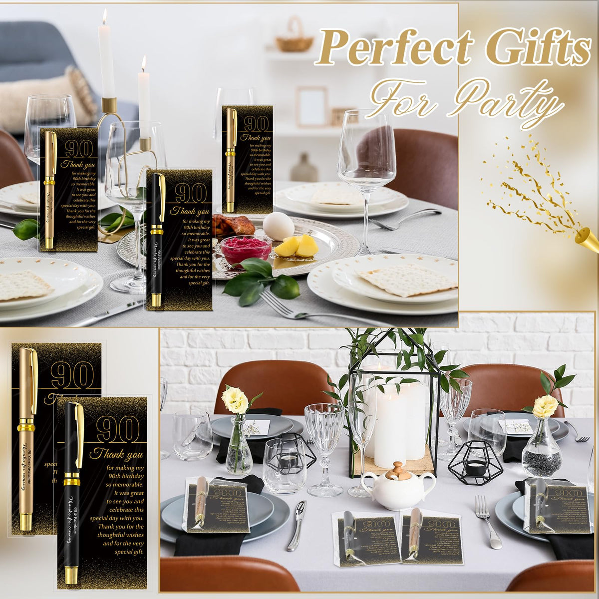 Feifeiya 50 Set 90th Birthday Favors with Black Gold Pens Cards