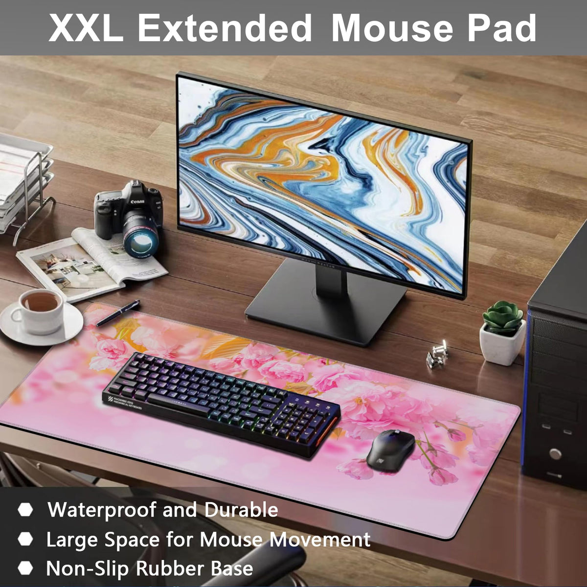 Mouse Pad, Large Pink Sakura and Butterfly Desk Mat, Extended Non-Slip Gaming Keyboard Mousepad