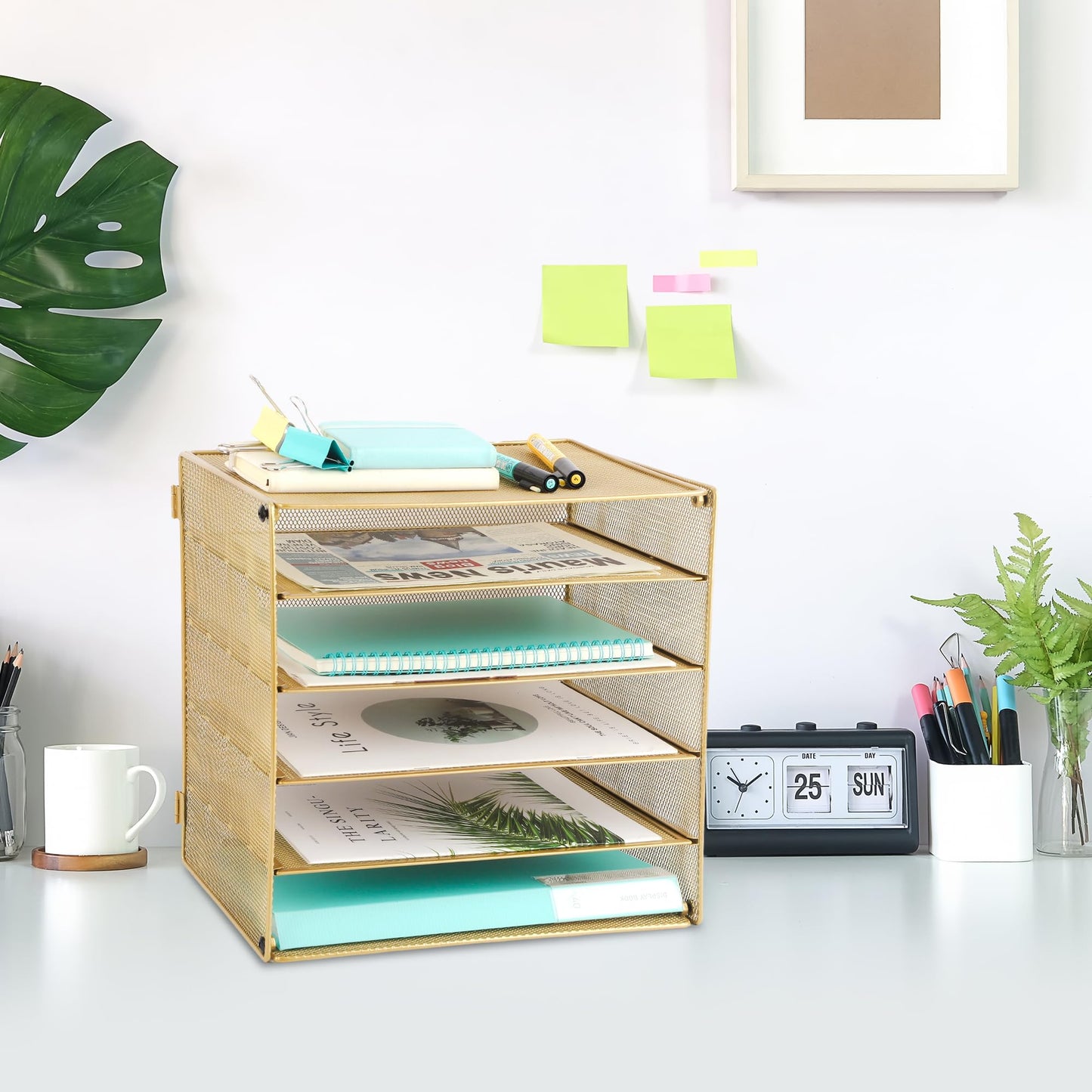 EASEPRES 5 Slot Mesh Desk Organizer Tray, File Paper Letter Folder Holder Desktop Paper Sorter Mail