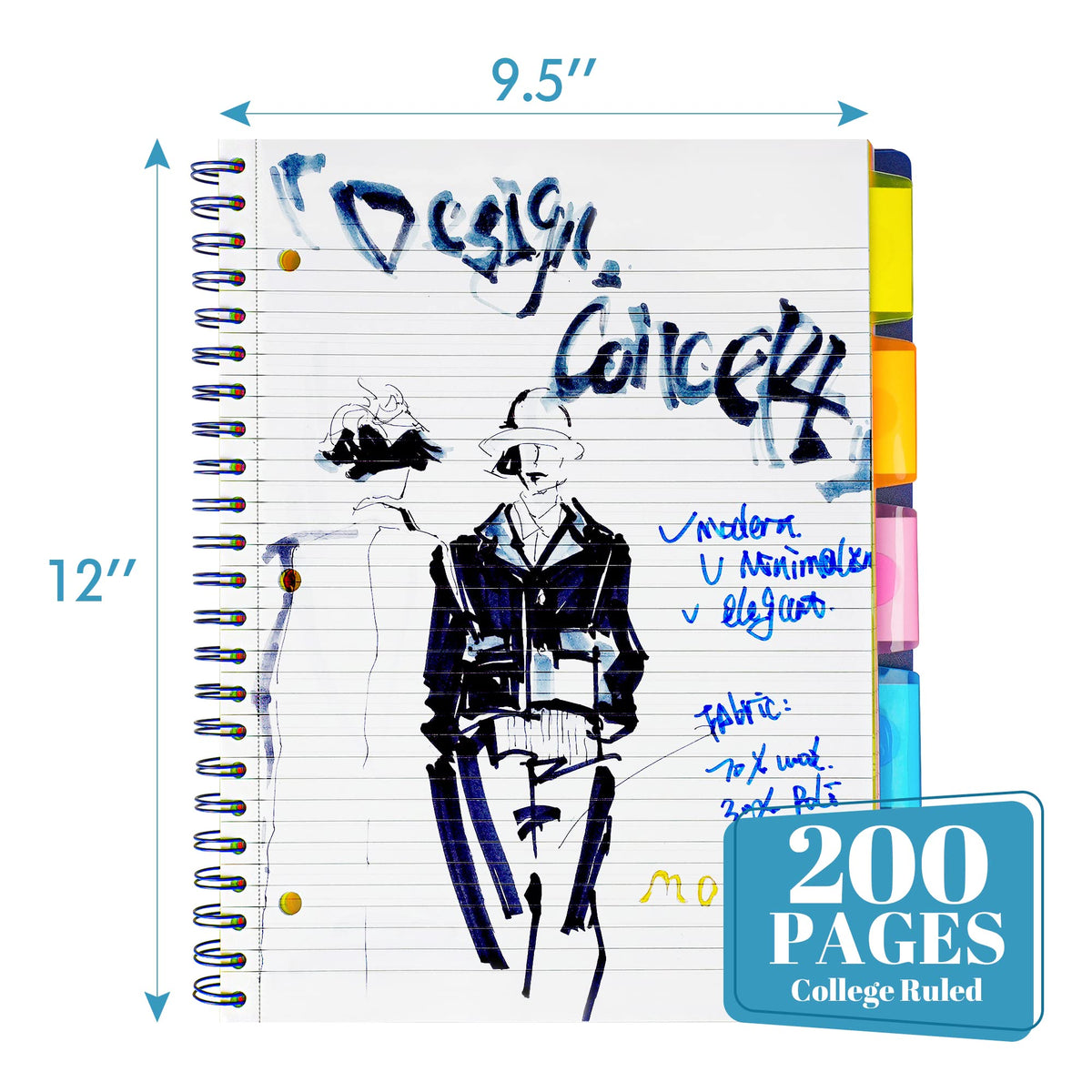MOWEE Spiral Notebook - 5 Subject Notebook, College Ruled Notebook 3-Hole Punched With Dividers
