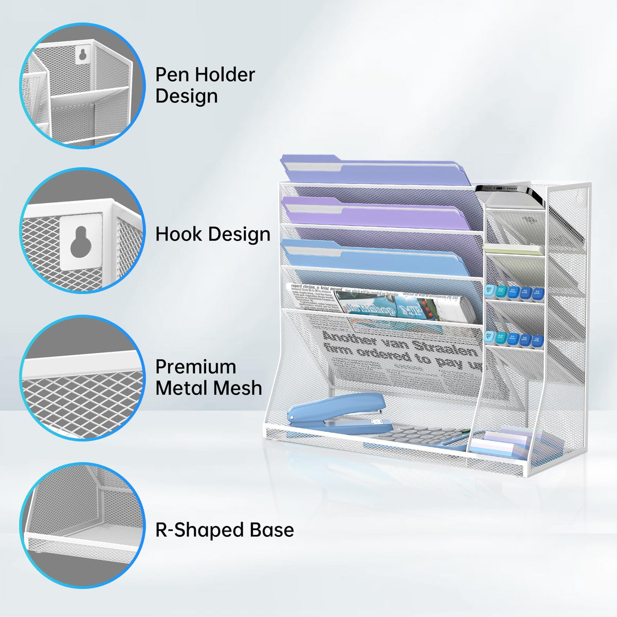 5-Tier Wall File Organizer and Wall File Holder with Bottom Tray, White