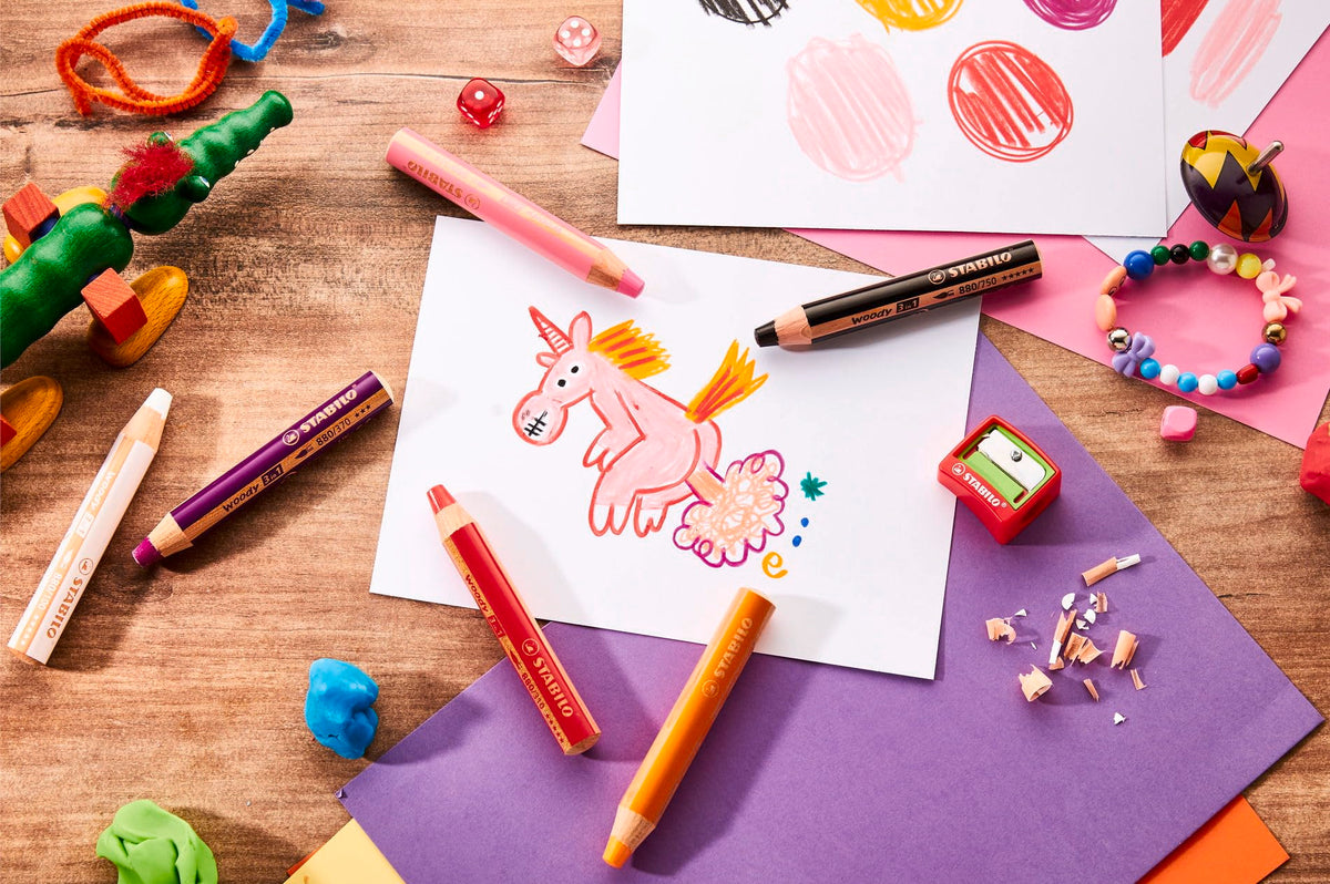 STABILO woody 3-in-1 - Multi-Talented Pencil - Pack of 6 - Birthday Edition - Unicorn - Assorted
