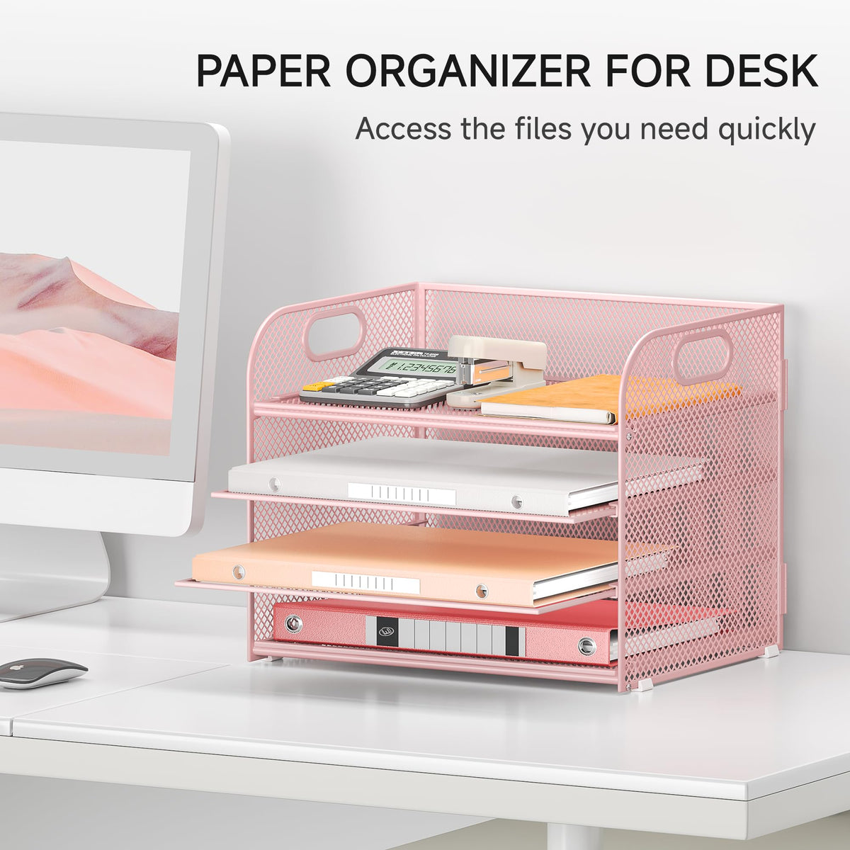 4-Tier Paper Organizer for Desk With Handle, Mesh Desktop File Tray, Office Classroom Organization