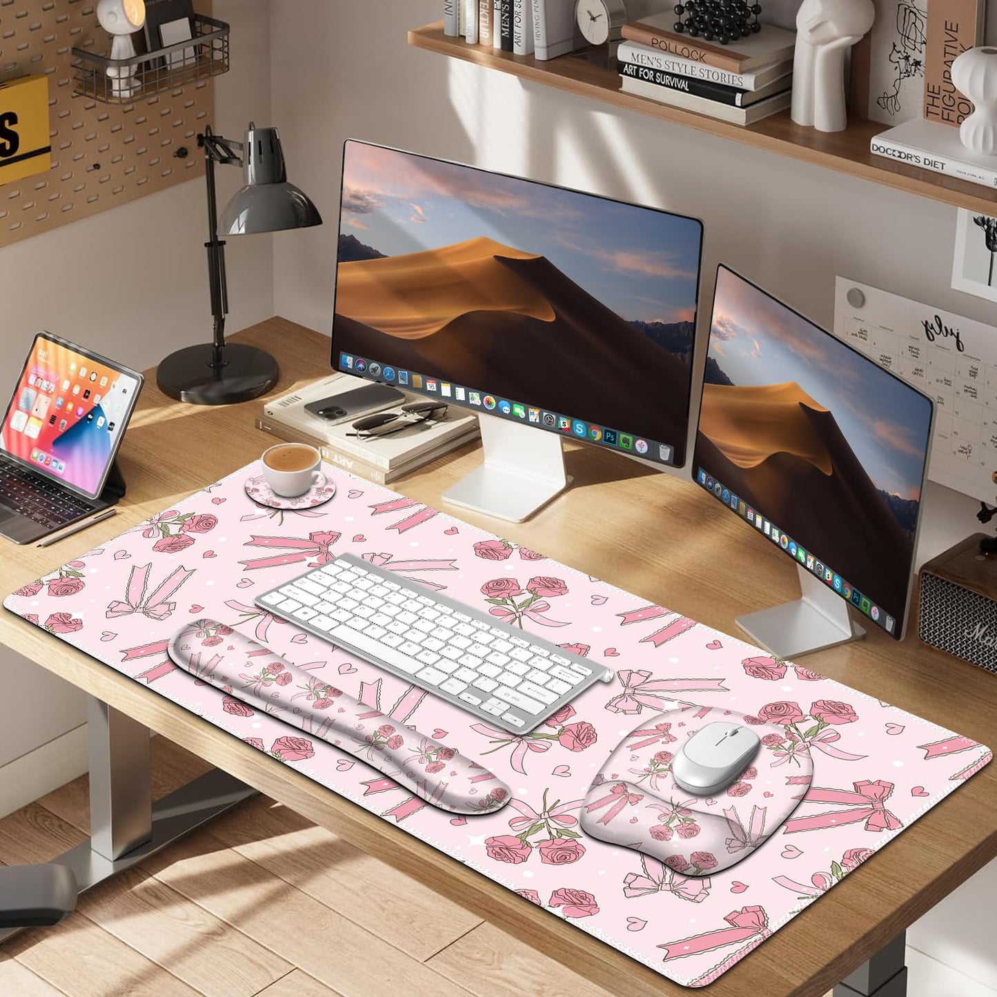 Pink Mouse Pad with Wrist Support 4 in1 Set, XXL Big Game Mousepad + Keyboard Wrist Rest + Mouse
