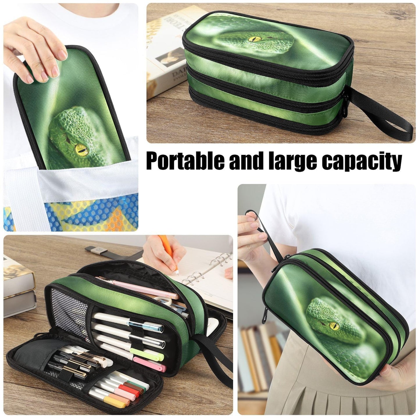 Fustylead Green Snake Large Pencil Case, Minimalist Portable Stationery Bag Cosmetics Bag with