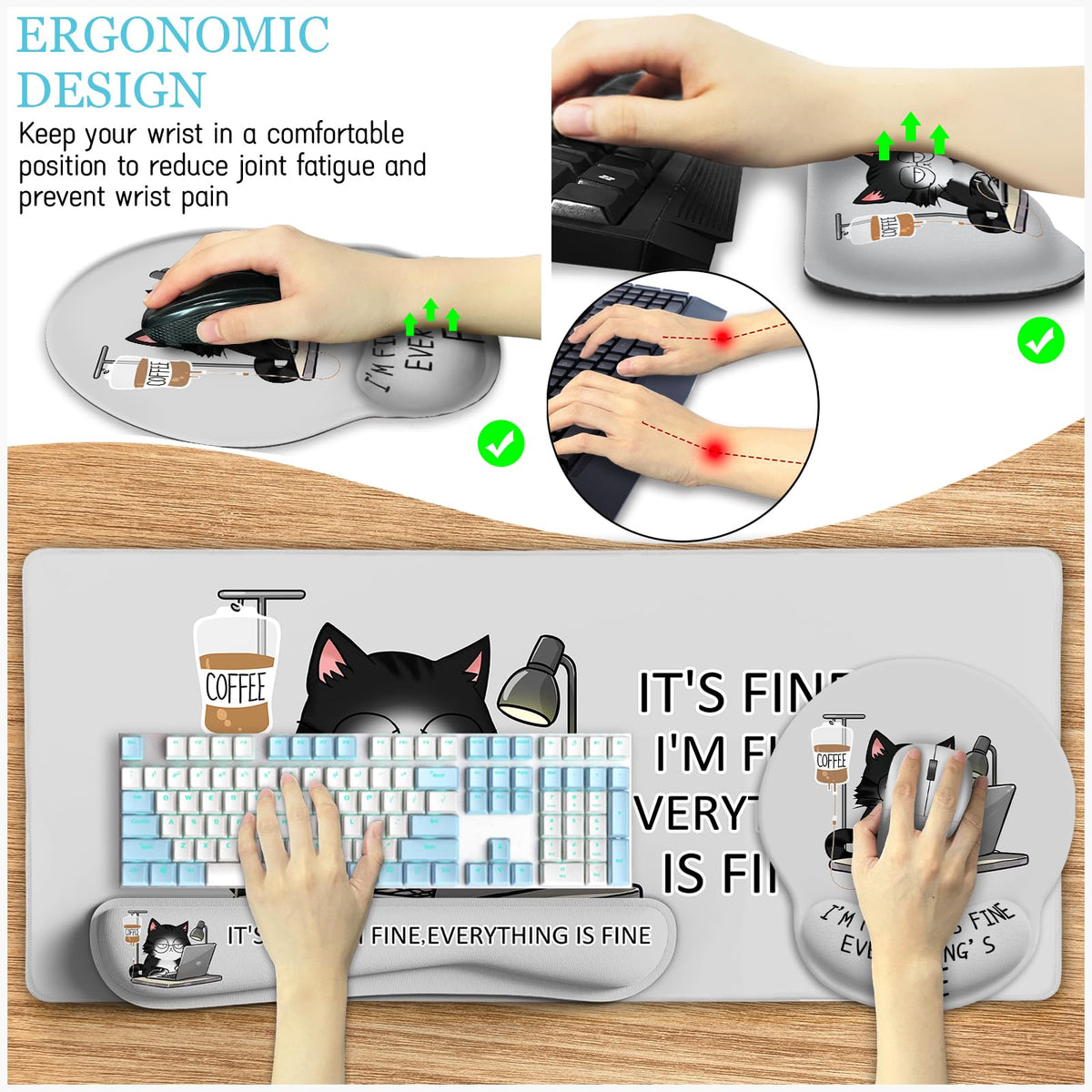 LIMKRIAN Cat Ergonomic Mouse Pad with Wrist Rest Desk Mat Sets Accessories