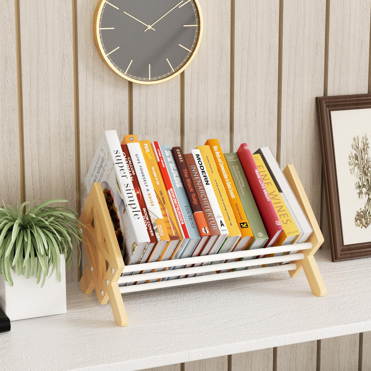 ART-GIFTREE Desktop Bookshelf Organizer, Wood Office Tabletop Book Storage Rack, Tilting Bookcase