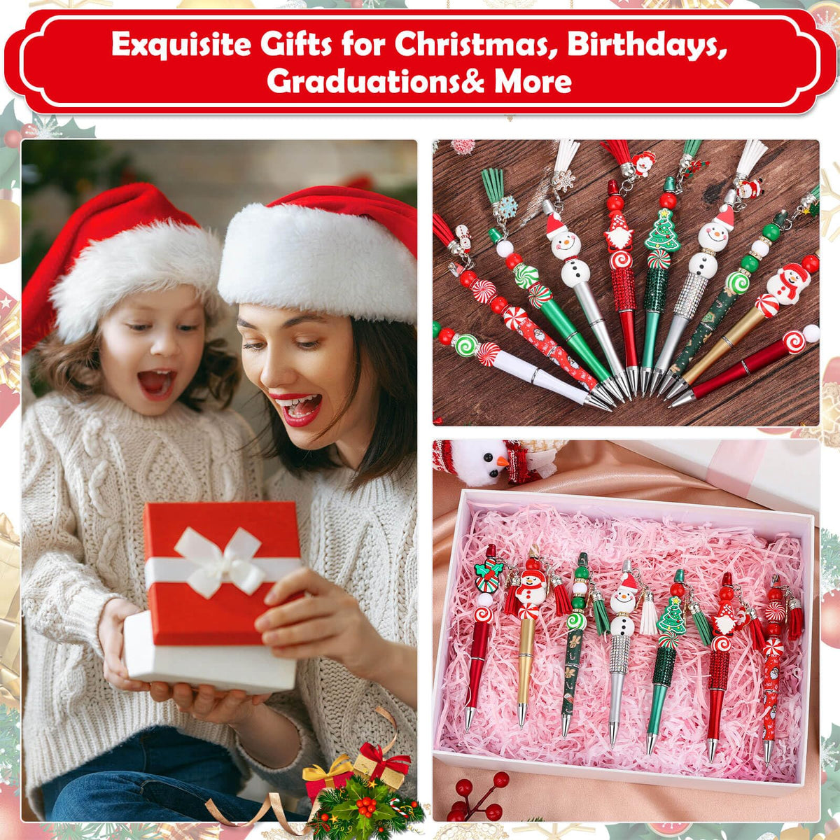 Tetutor 326 Pcs Christmas Beaded Pens Bulk,30 Sets Christmas Pens Bulk with Christmas Focal Beads