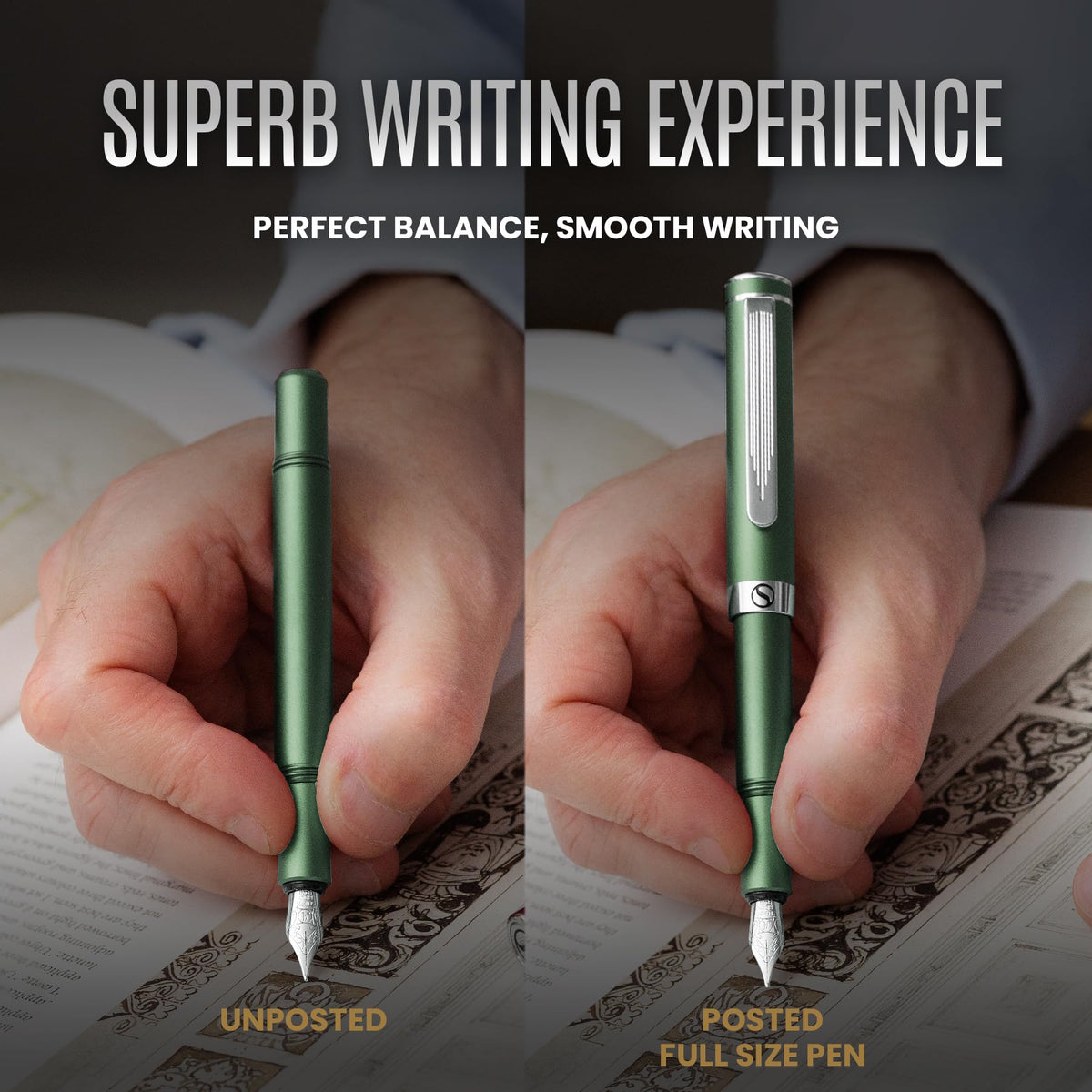 Scriveiner Luxury EDC Fountain Pen (Medium), Stunning Matt Green Pocket Pen, Chrome Finish, Schmidt