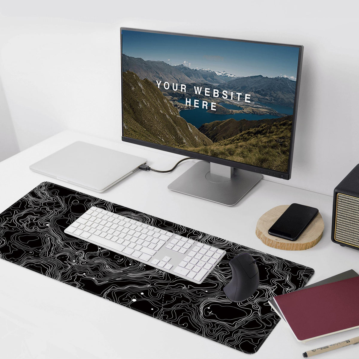 Black with White Topographic Line Large Mouse Pad,Gaming Keyboard Desk Pad,Extended Mouse Mat