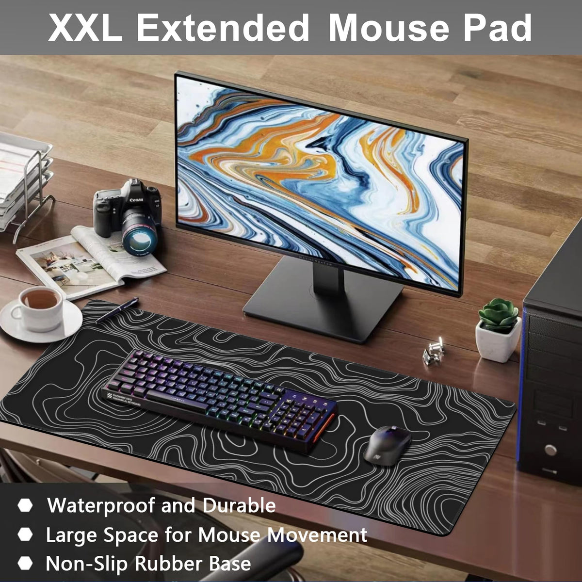 Mouse Pad, Large Mountain Topographic Terrain Map Desk Mat, Extended Non-Slip Gaming Keyboard
