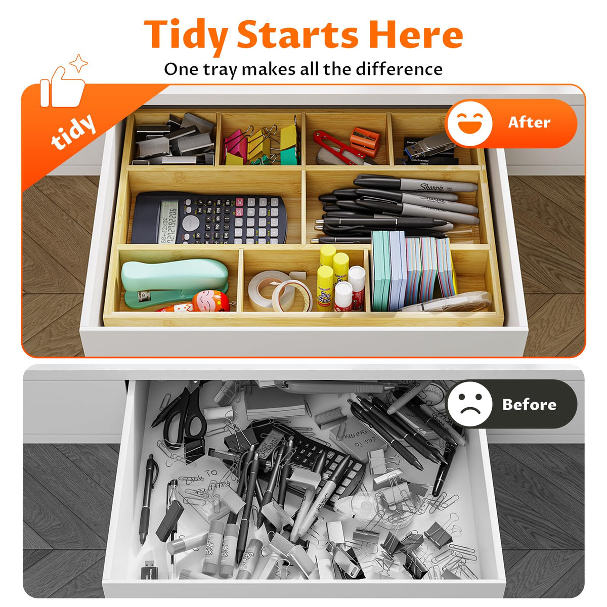 Bamboo Drawer Organizer with 9 Adjustable Compartments, Desk Storage Tray