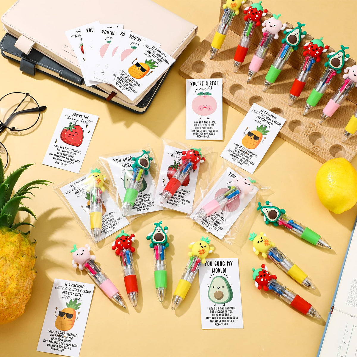 Sayglossy 24 Sets Fruit Party Favor Pens Gifts Bulk, 4 with Positive Cards
