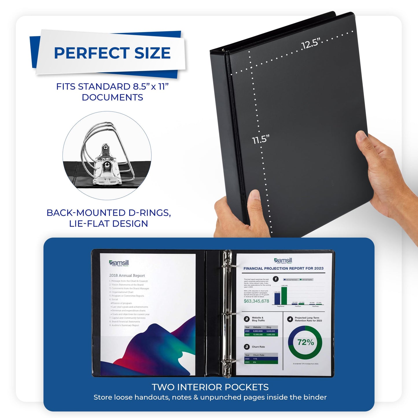Samsill Durable 1 inch 3 Ring Binder, D Ring Binder, 100% Recycled Chipboard, Black, 12 Pack