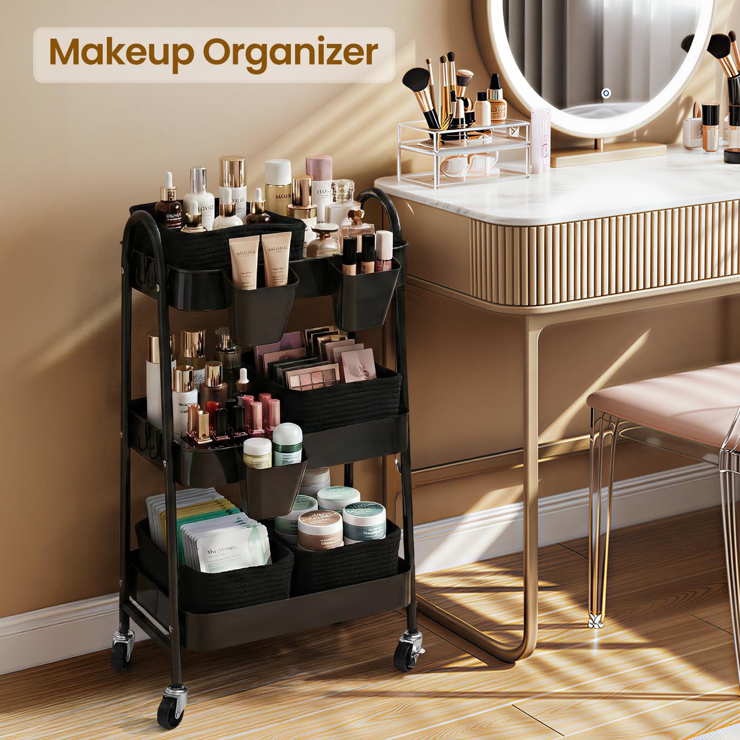 3-Tier Rolling Utility Cart with 4 Woven Baskets, Diaper Book Snack Cart, Storage Organizer for