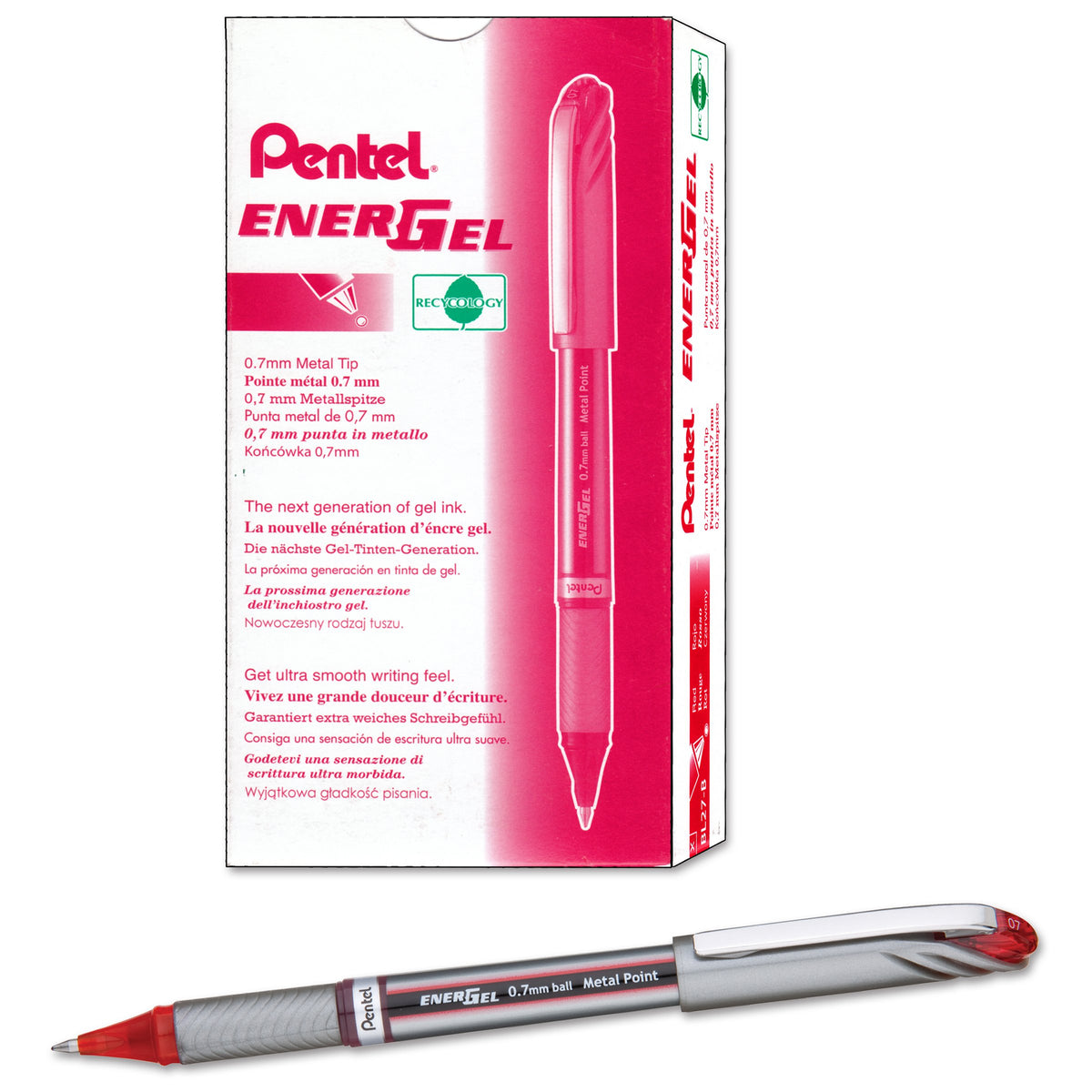 Pentel ENER-GEL NV Liquid Gel Pen, 0.7mm, Medium Line Capped, Metal Tip, Red Ink, Box of 12 (BL27-B)