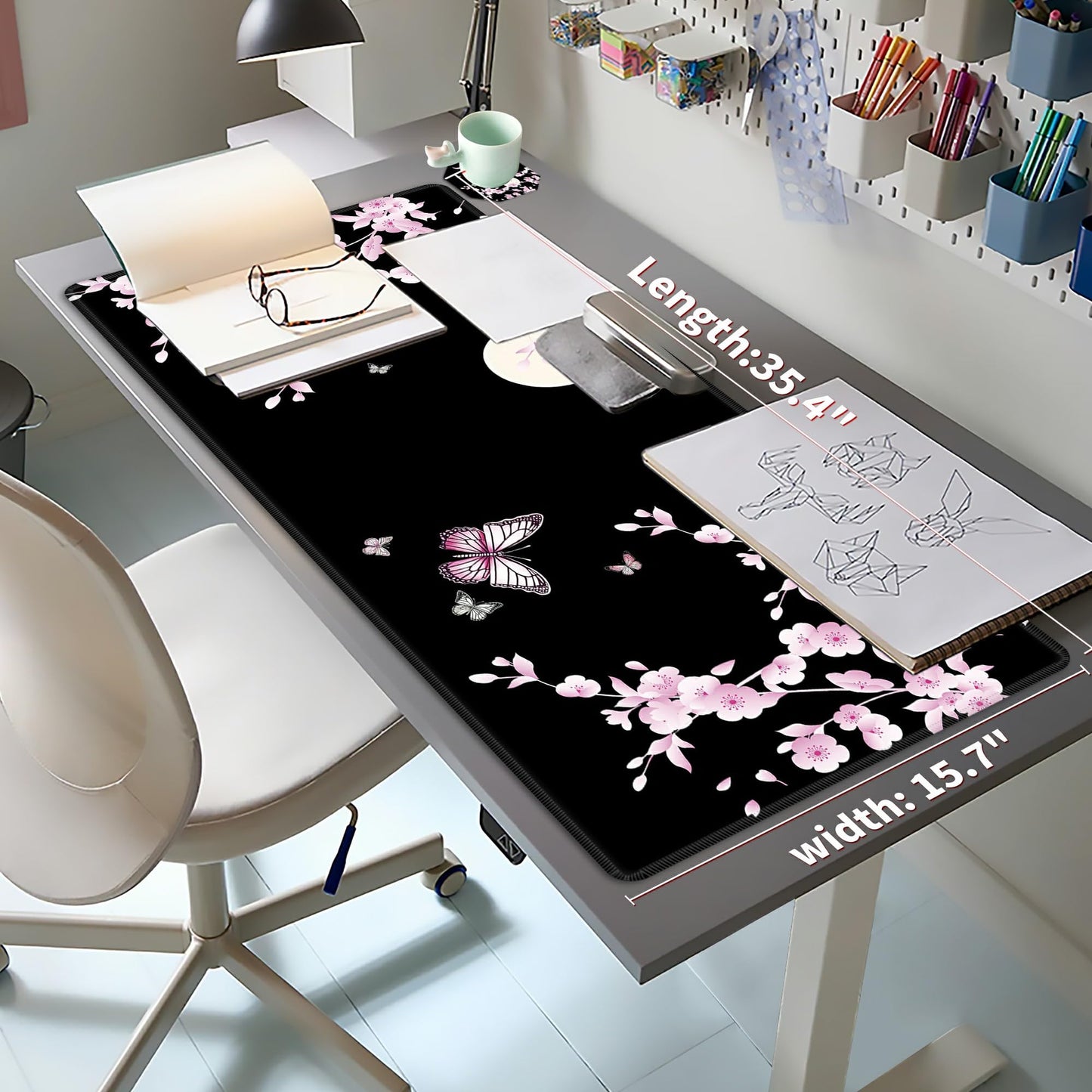 Japanese Sakura Cherry Blossom Pink Black Mouse Pad Large with Coaster, 35.4"x15.7" Full Desk