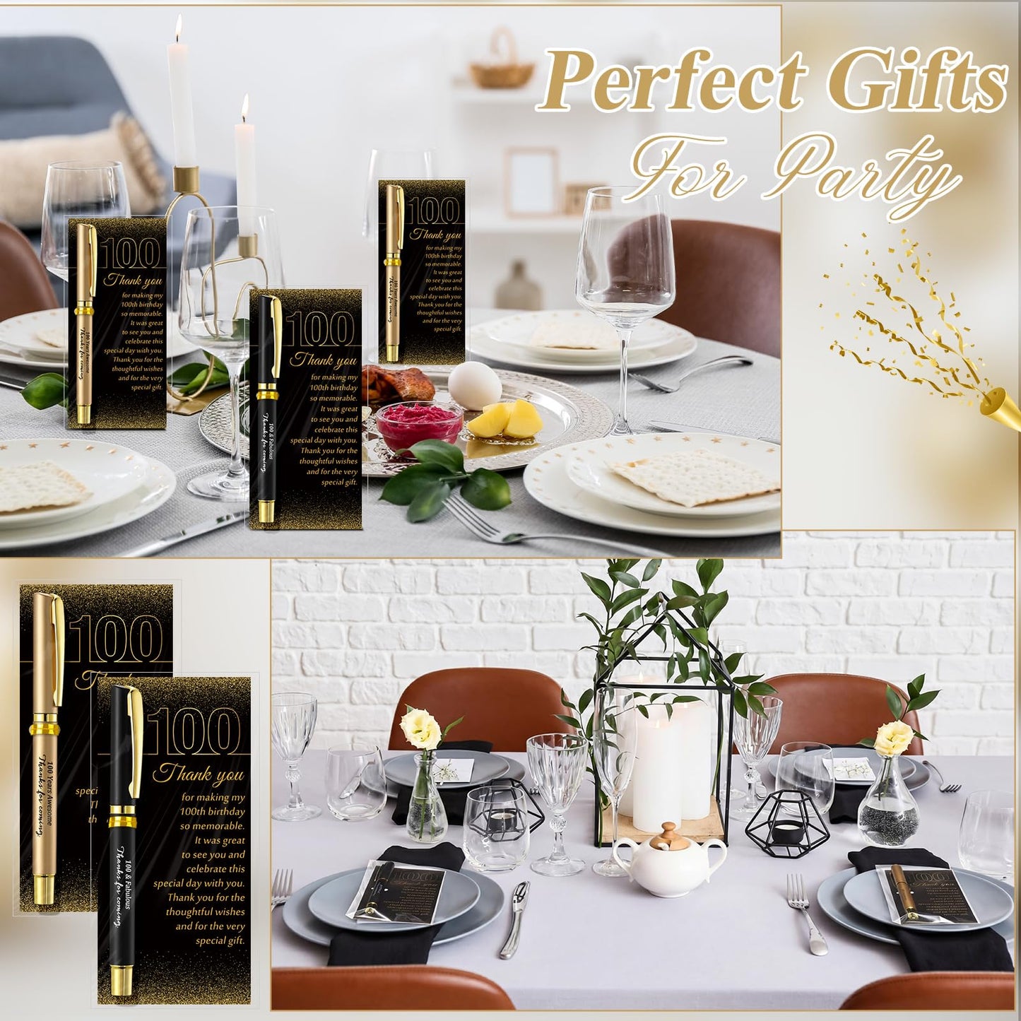 Feifeiya 50 Set 100th Birthday Favors with Black Gold Pens Cards