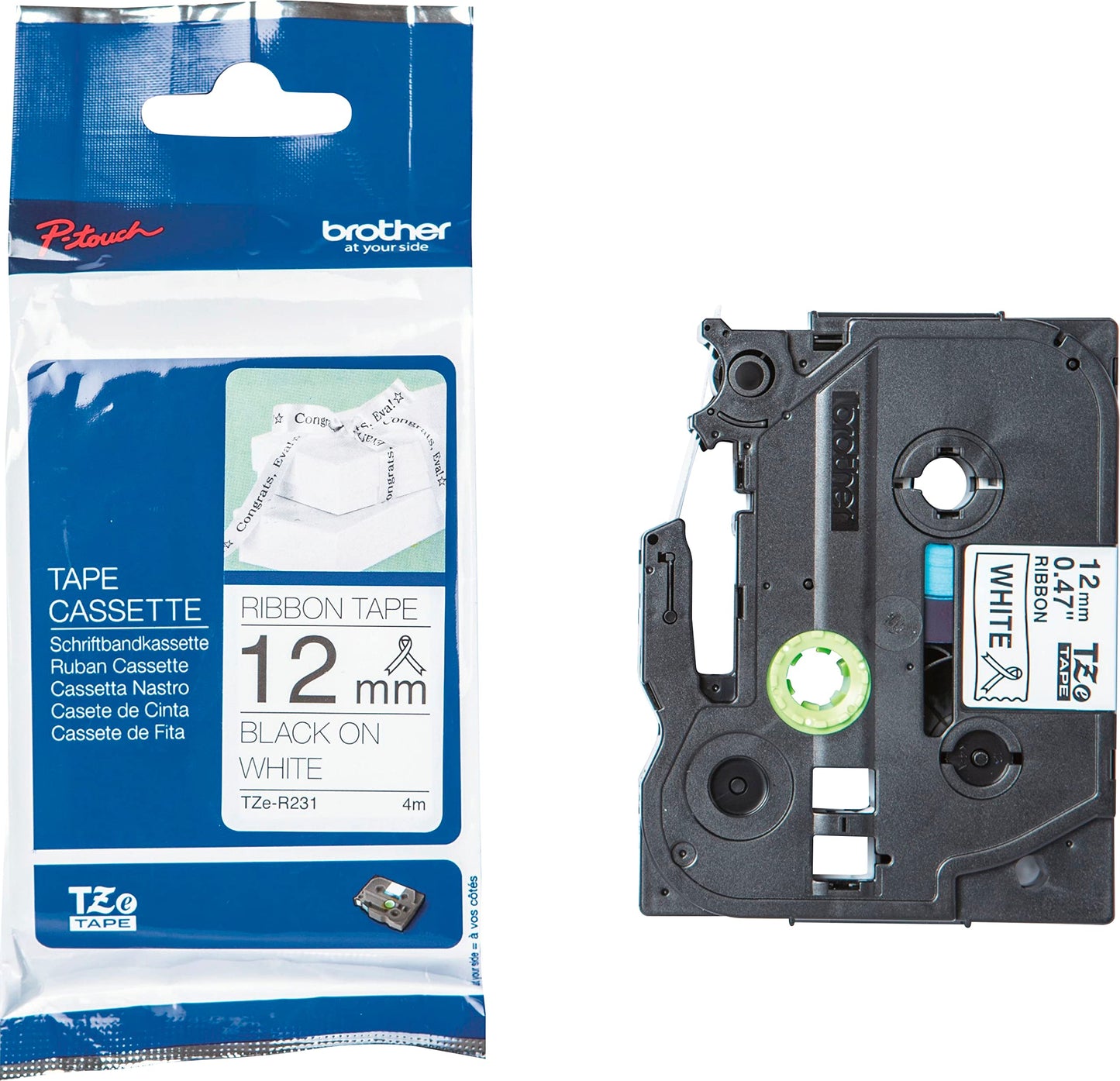 Brother TZe-R231 Labelling Tape Cassette, Black on White, 12mm (W) x 4M (L), Ribbon Tape, Brother