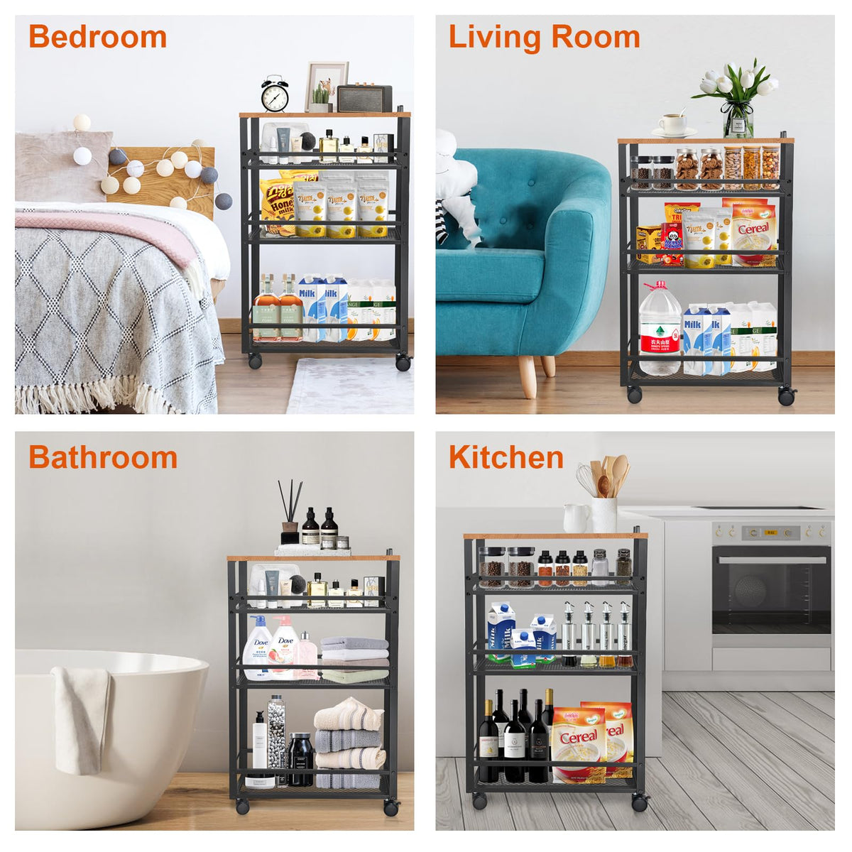 fusehome 3-Tier Rolling Cart Slim - Black Laundry Bathroom Kitchen