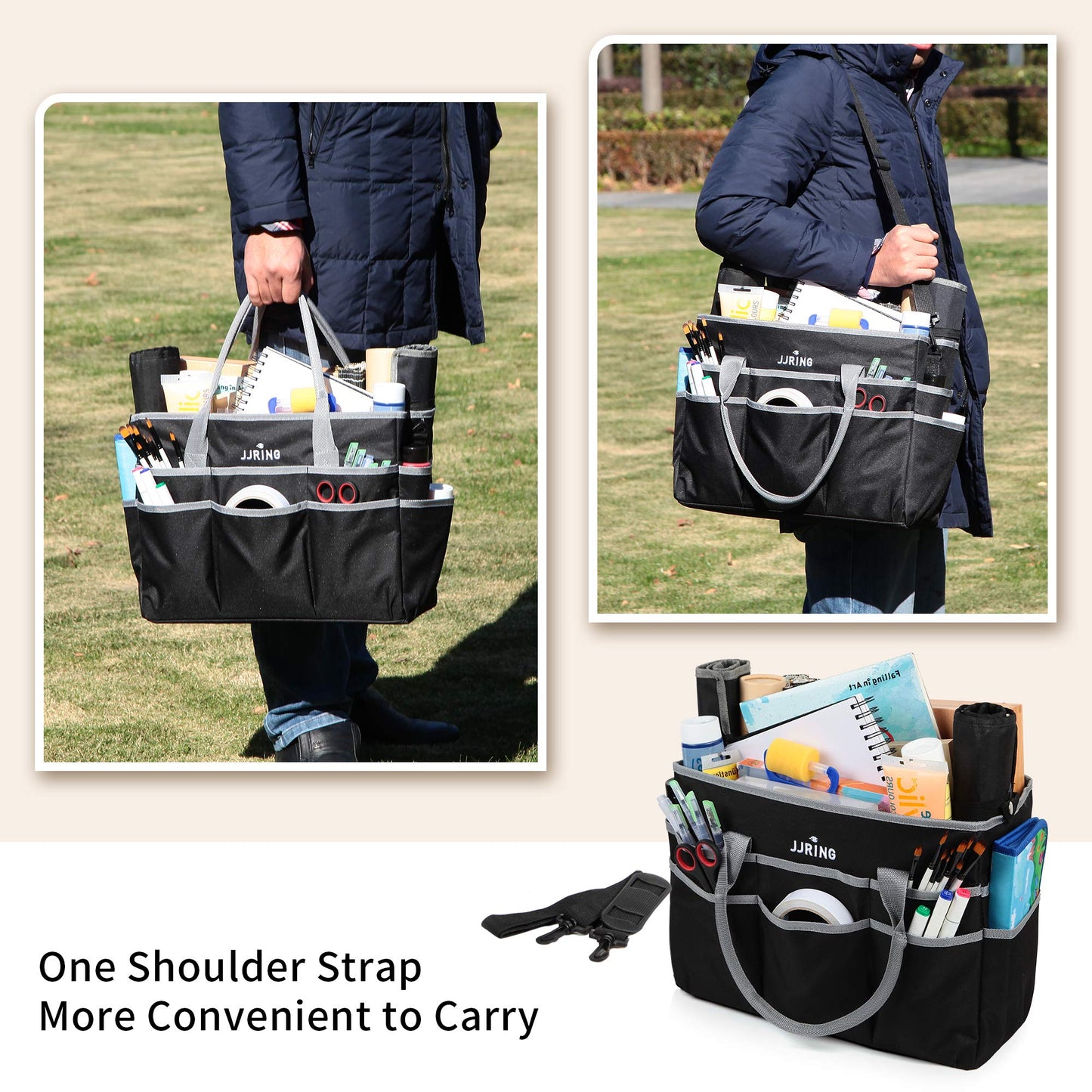 JJRING Large 600D Nylon Artist Organizer Tote Bag With 16 Pockets, Silver