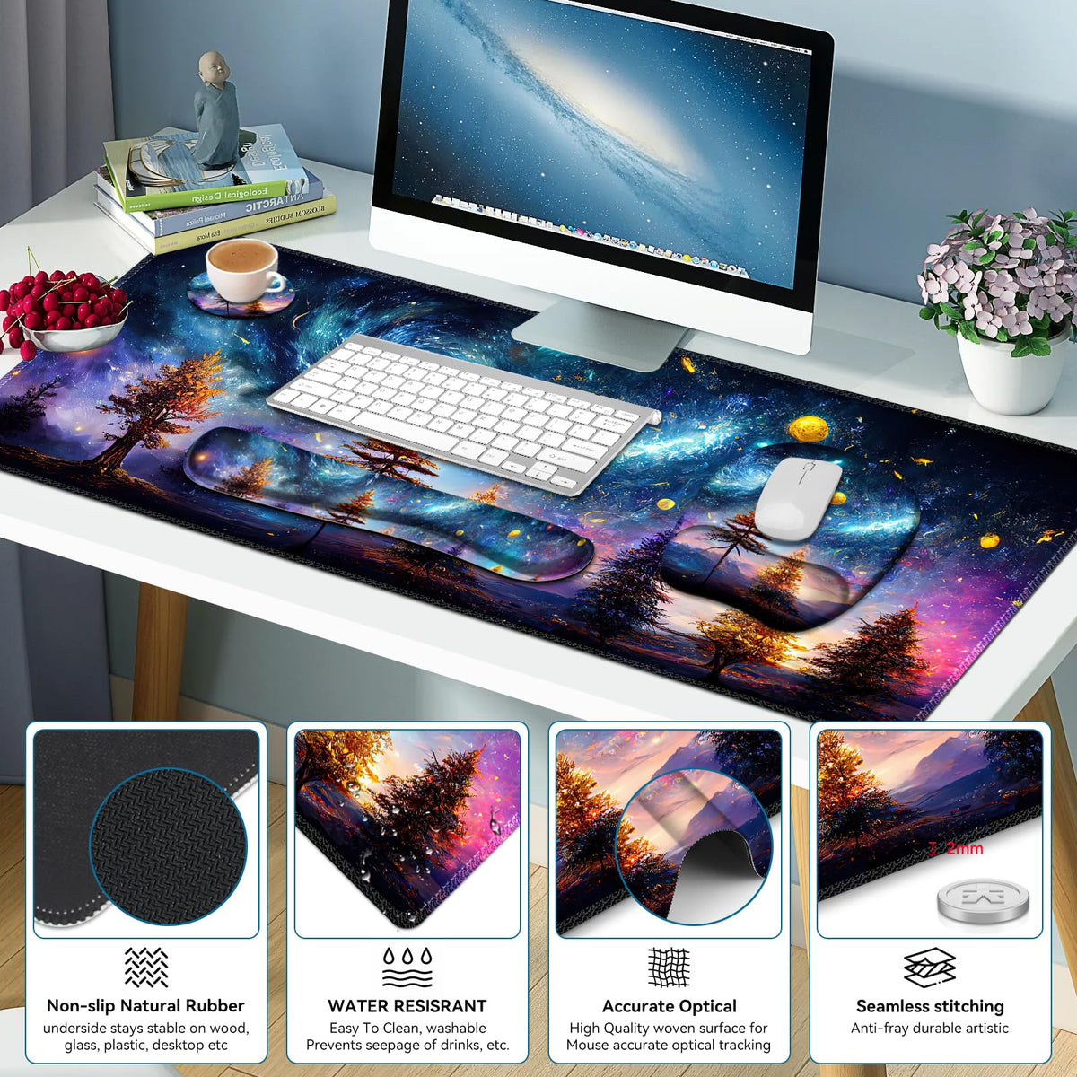 NXZGO 4 in 1 Large Mouse Pad, Keyboard Wrist Rest Set, Ergonomic, Non-slip, Waterproof, Colorful
