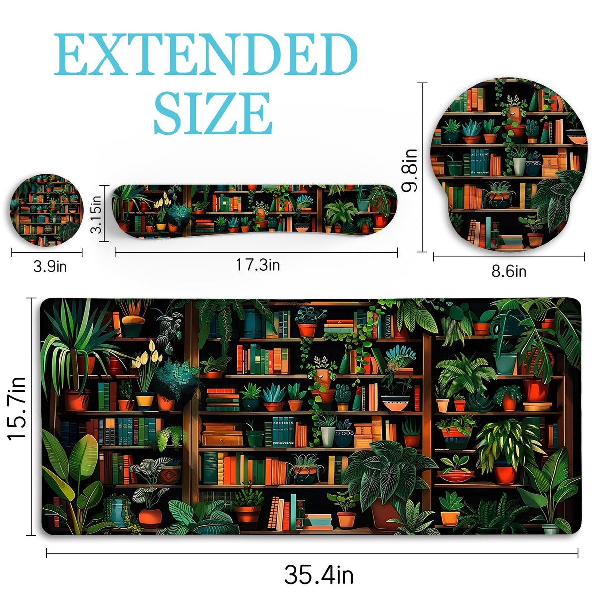 LIMKRIAN Bookshelf Mouse Pad with Wrist Rest, Plant Desk Mat Set Decor