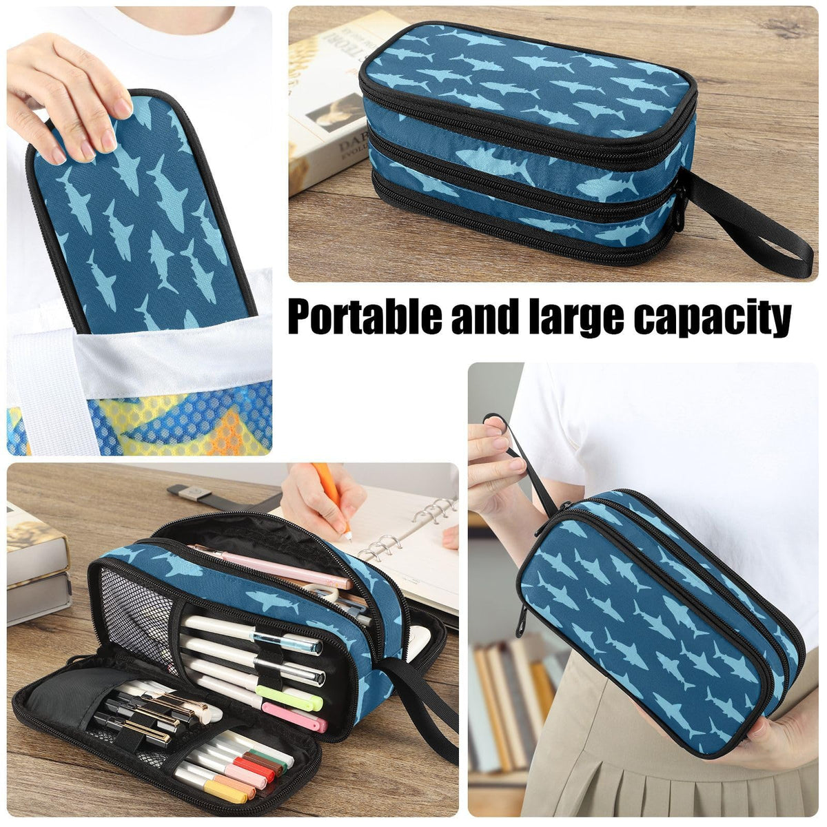 Fustylead Sharks Large Pencil Case Portable Stationery Bag Cosmetics Bag with Handle for School
