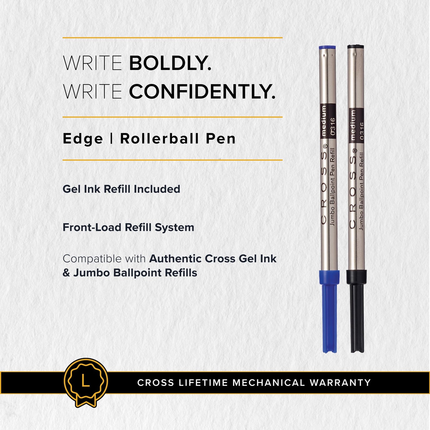 Cross Edge Jet Black Gel Rollerball Pen, Medium Point, Black Ink