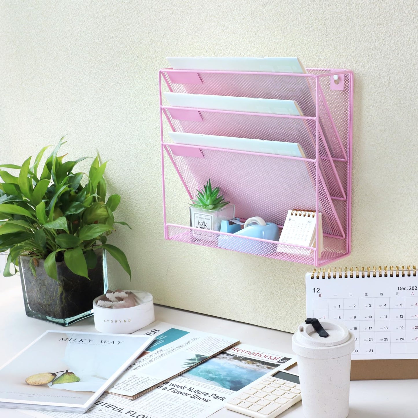 ideallife 3 Pockets Mesh Wall File Holder Organizer with Bottom Flat Tray, Office Hanging File