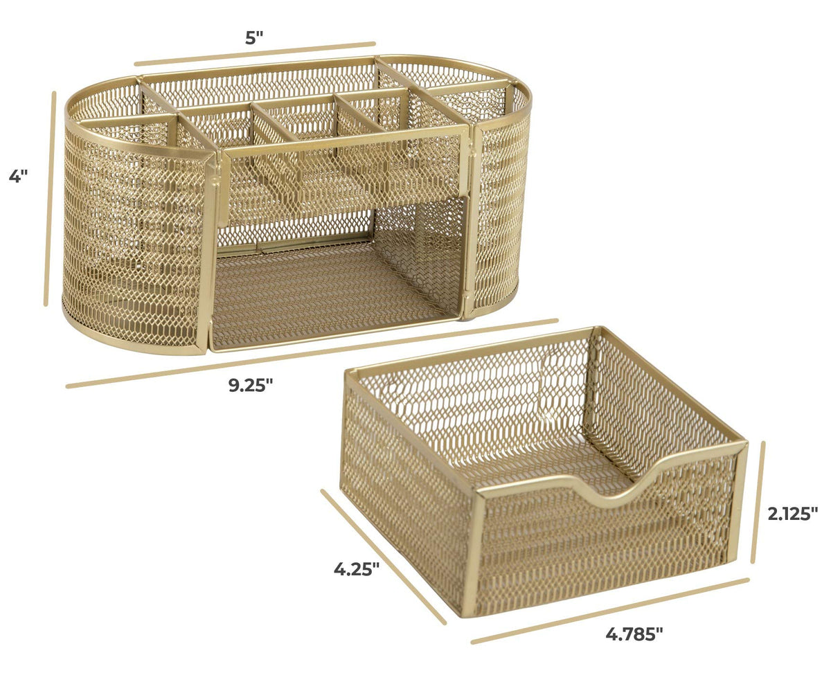 BLU MONACO | Gold Desk Organizer Set with Drawer | Metal Mesh Desk Accessories for Women | Stylish